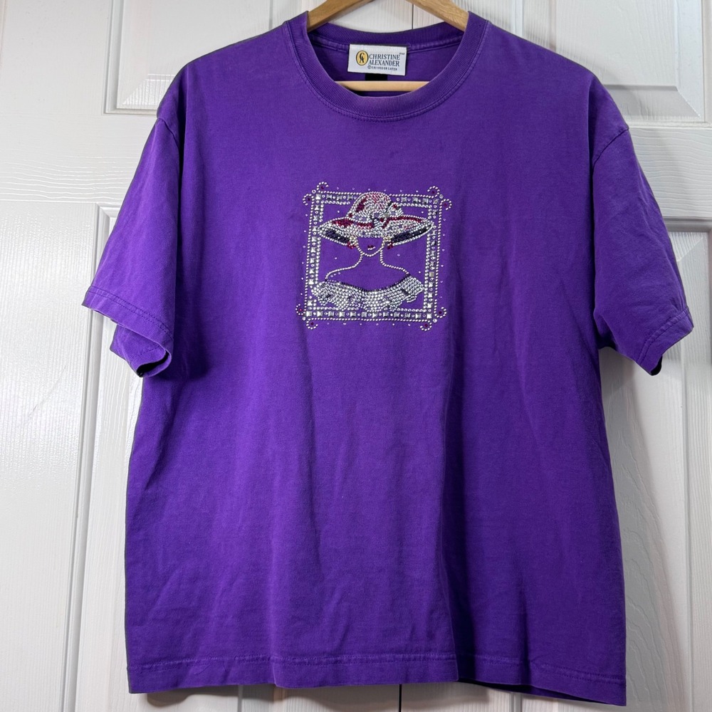 Vintage Christine Alexander Purple Rhinestone Vogue Glamour Grandma Shirt Sz L‎
